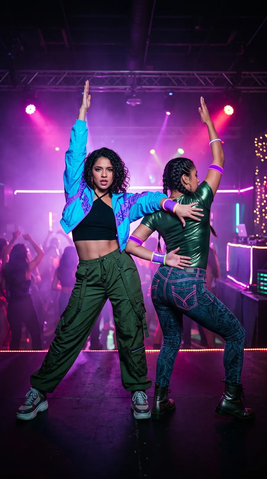 AI-generated neon dance, fictional characters: two women raising their arms together on a purple-lit stage