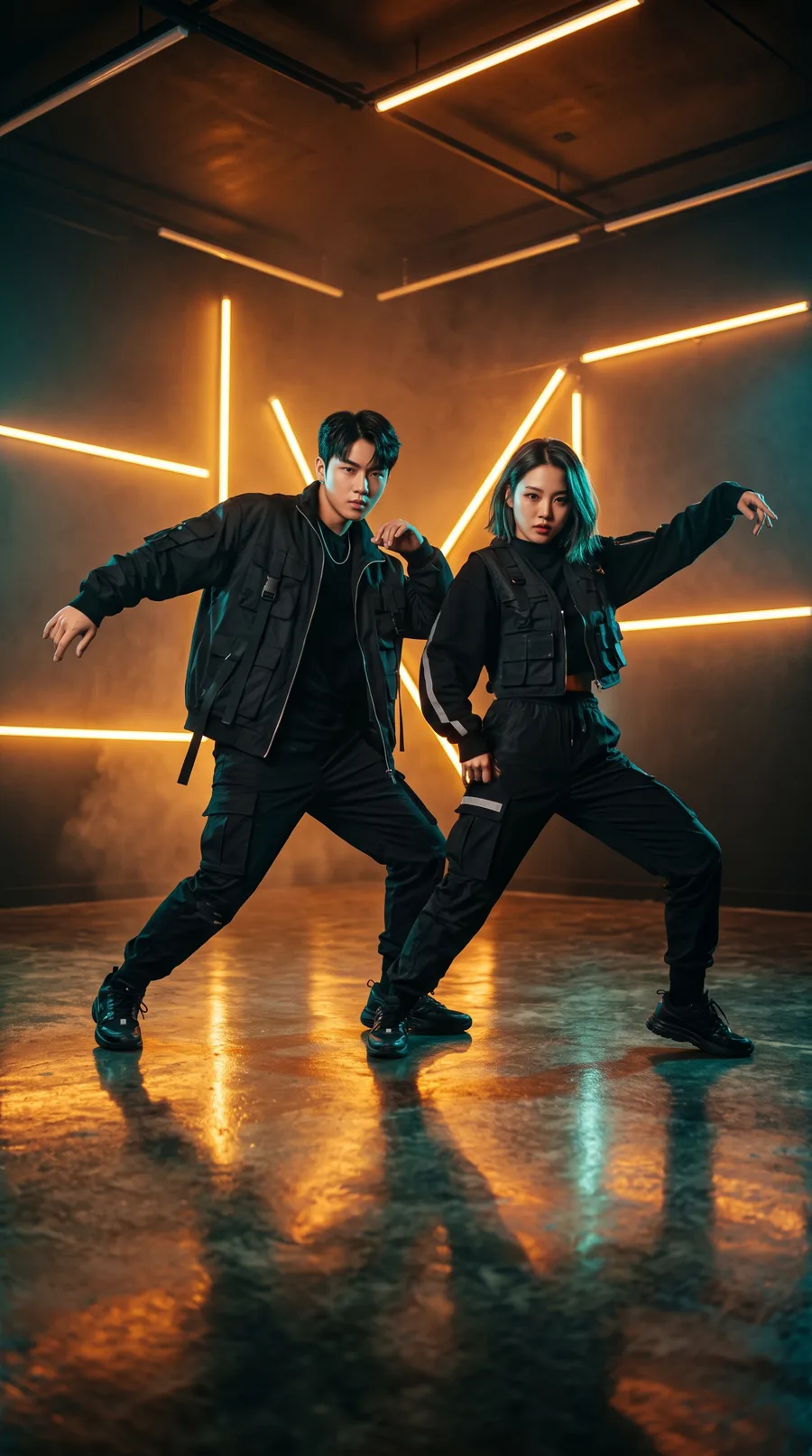 AI-generated neon dance, fictional characters: two dancers under gold neon light tubes