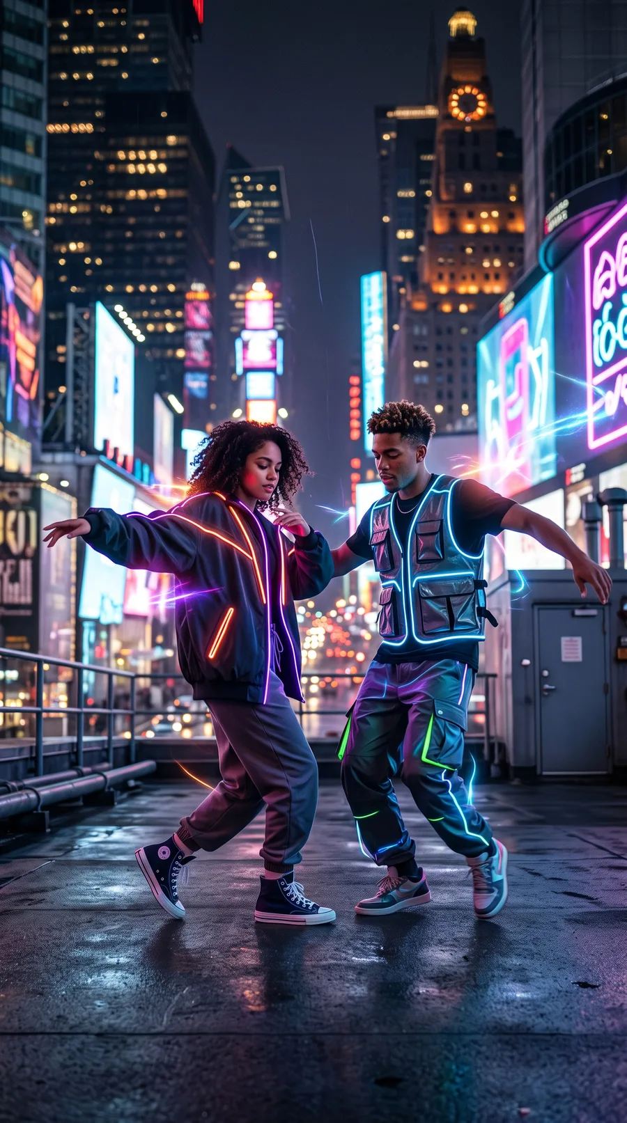 AI-generated neon dance, fictional characters: two dancers in light-up jackets on a city rooftop at night